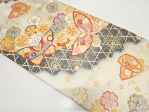 未使用品　光悦垣に蝶・桜模様織り出し　振袖用袋帯